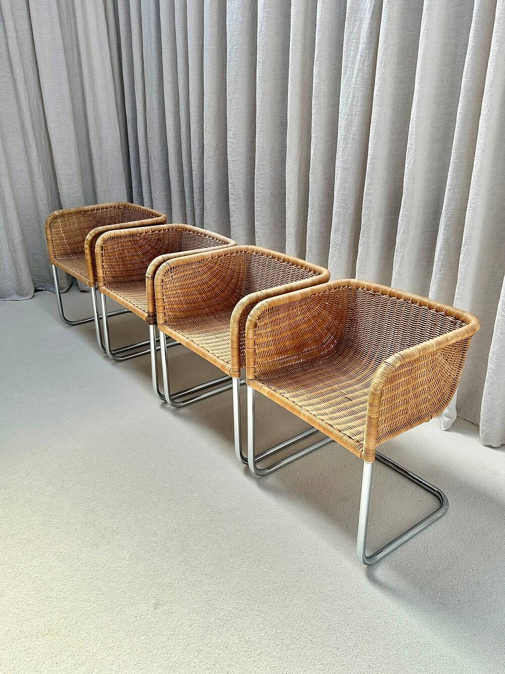 Set of 4 cantilever wicker chairs, attributed to Harvey Probber, USA, 1970s.