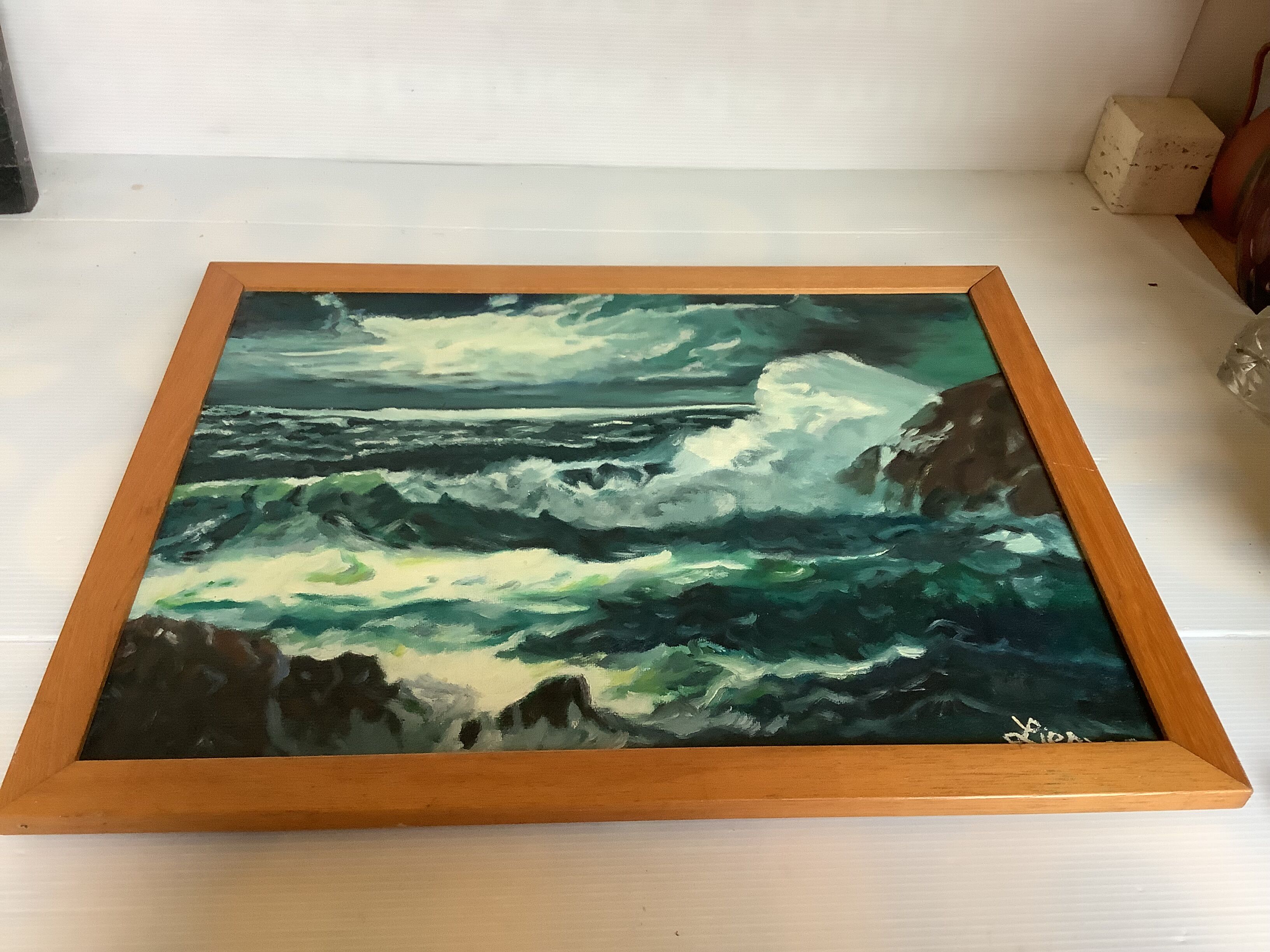 Marine painting of a rough sea, oil on canvas, signed.