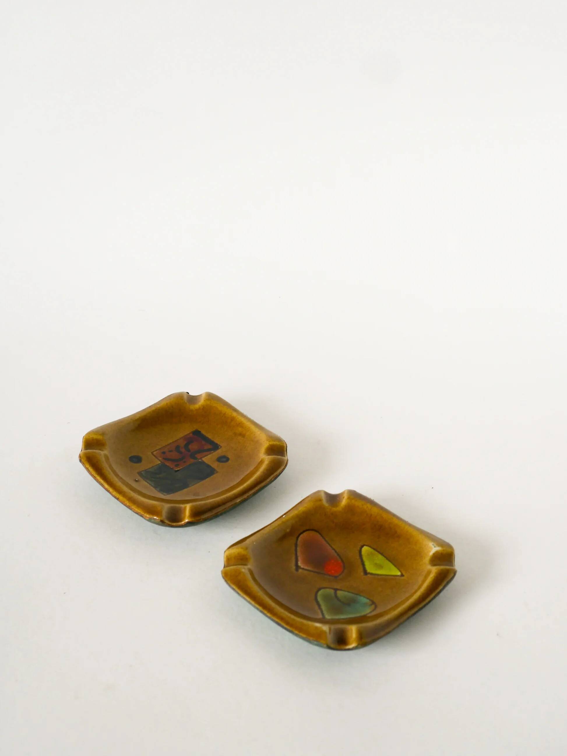 Ceramic and green leather ashtray, abstract patterns, black and brown, design, 1960.