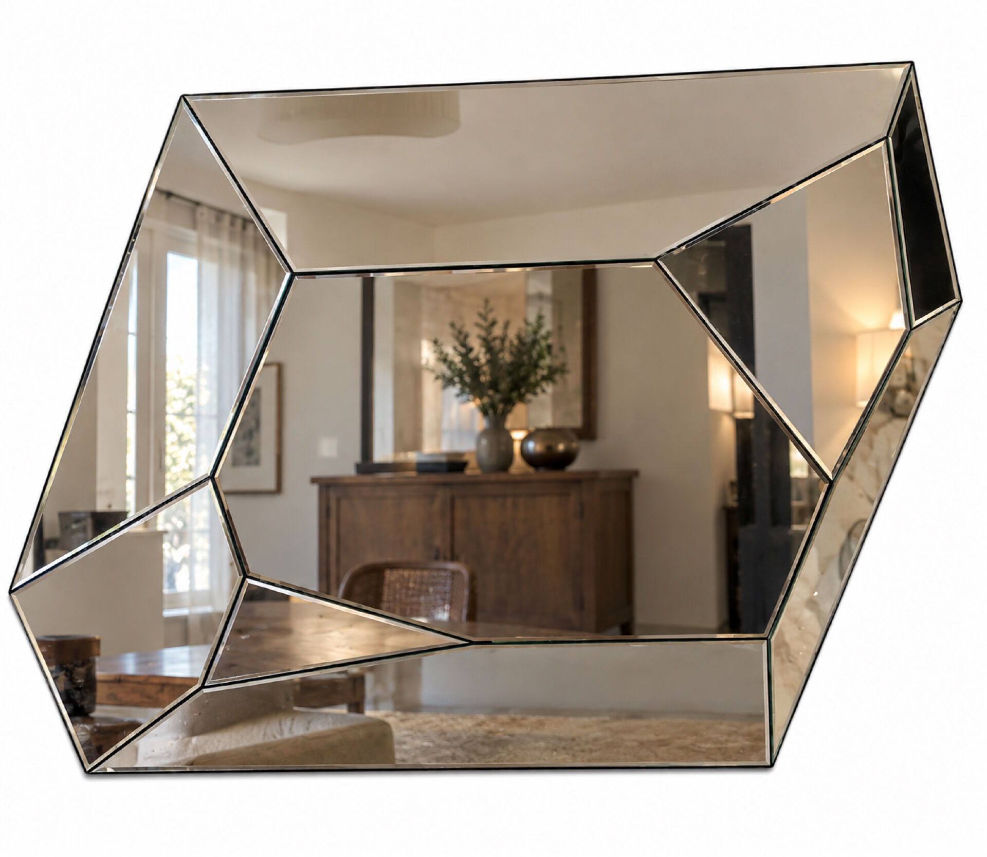 Grand miroir  mural asymétrique au design à multiple facettes Italien