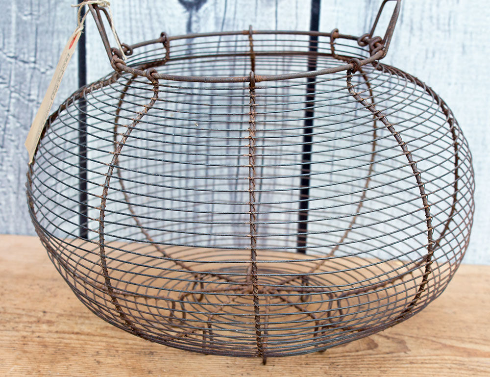 Old basket has wire eggs