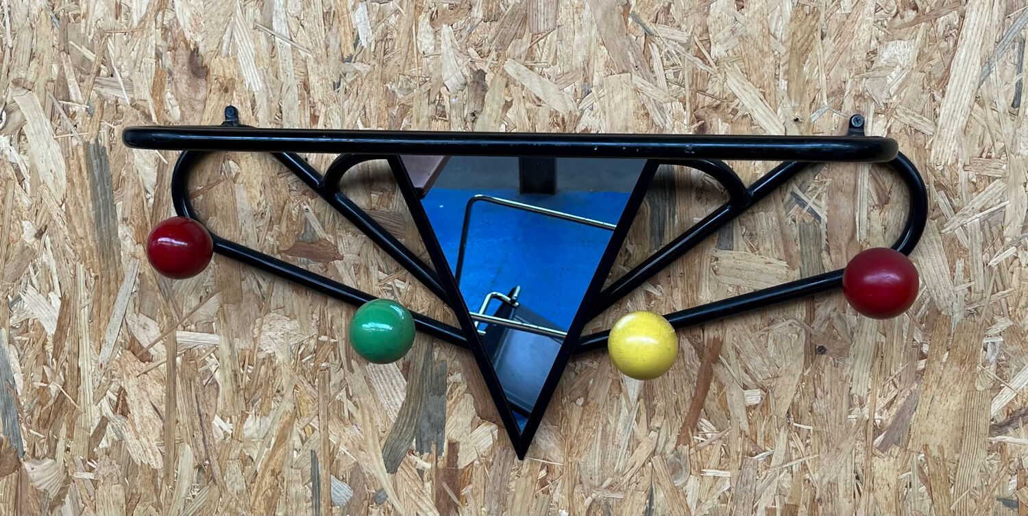 Black metal wood coat rack with vintage mirror