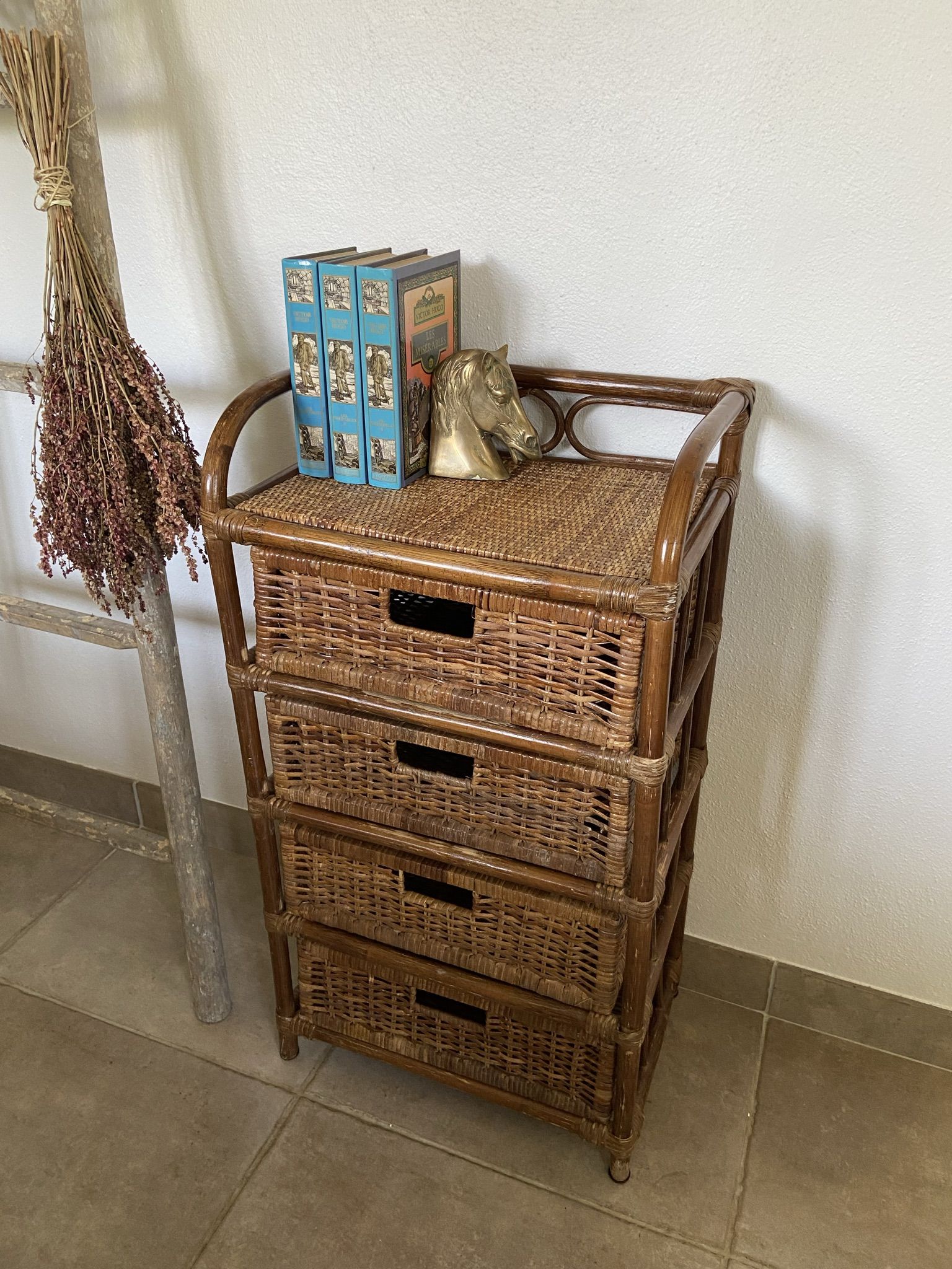 Cabinet / chest of drawers 4 drawers in rattan & vintage bamboo