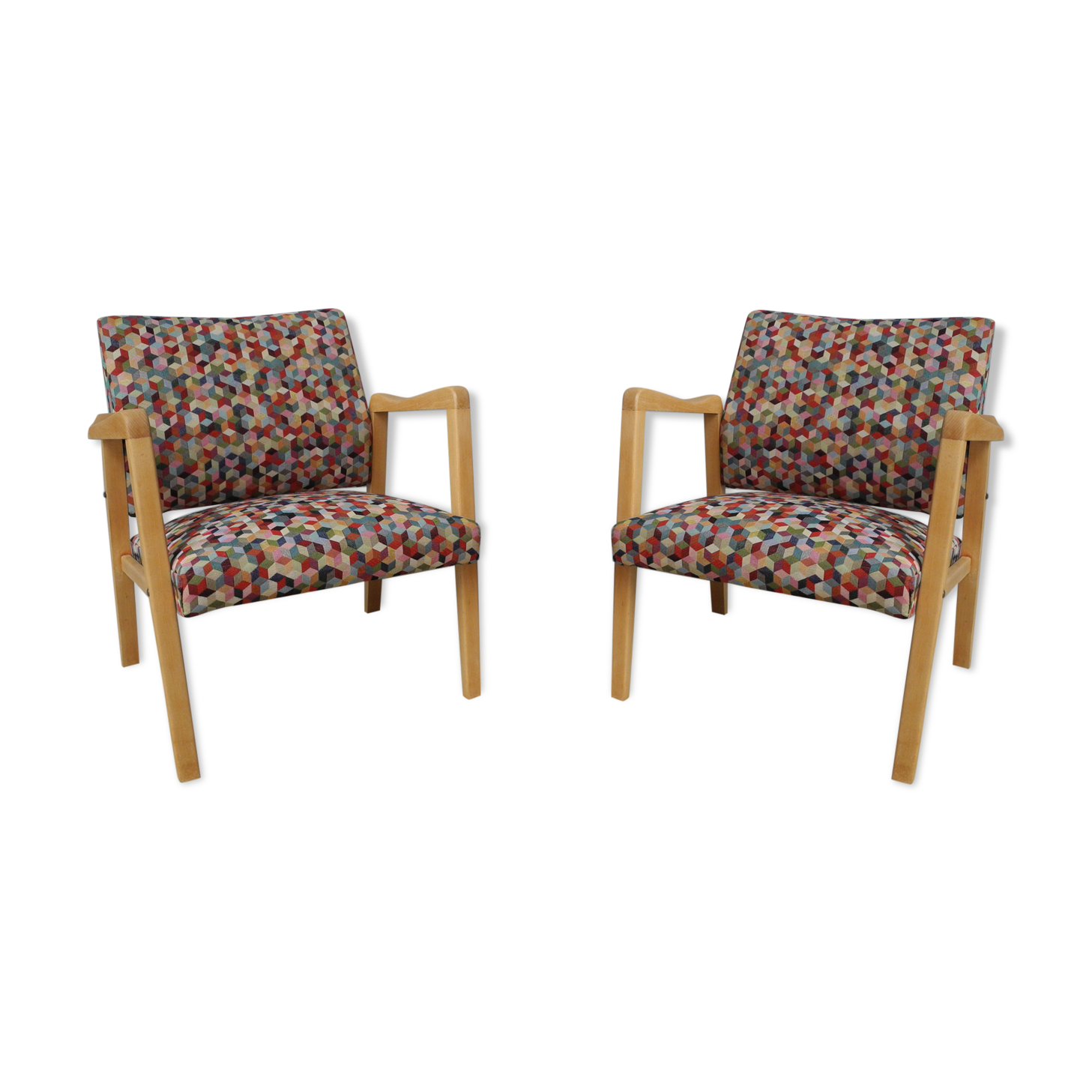 Vintage wood armchairs and fabrics 70s