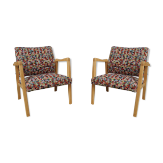Lot de deux fauteuils vintage bois et tissus années 70