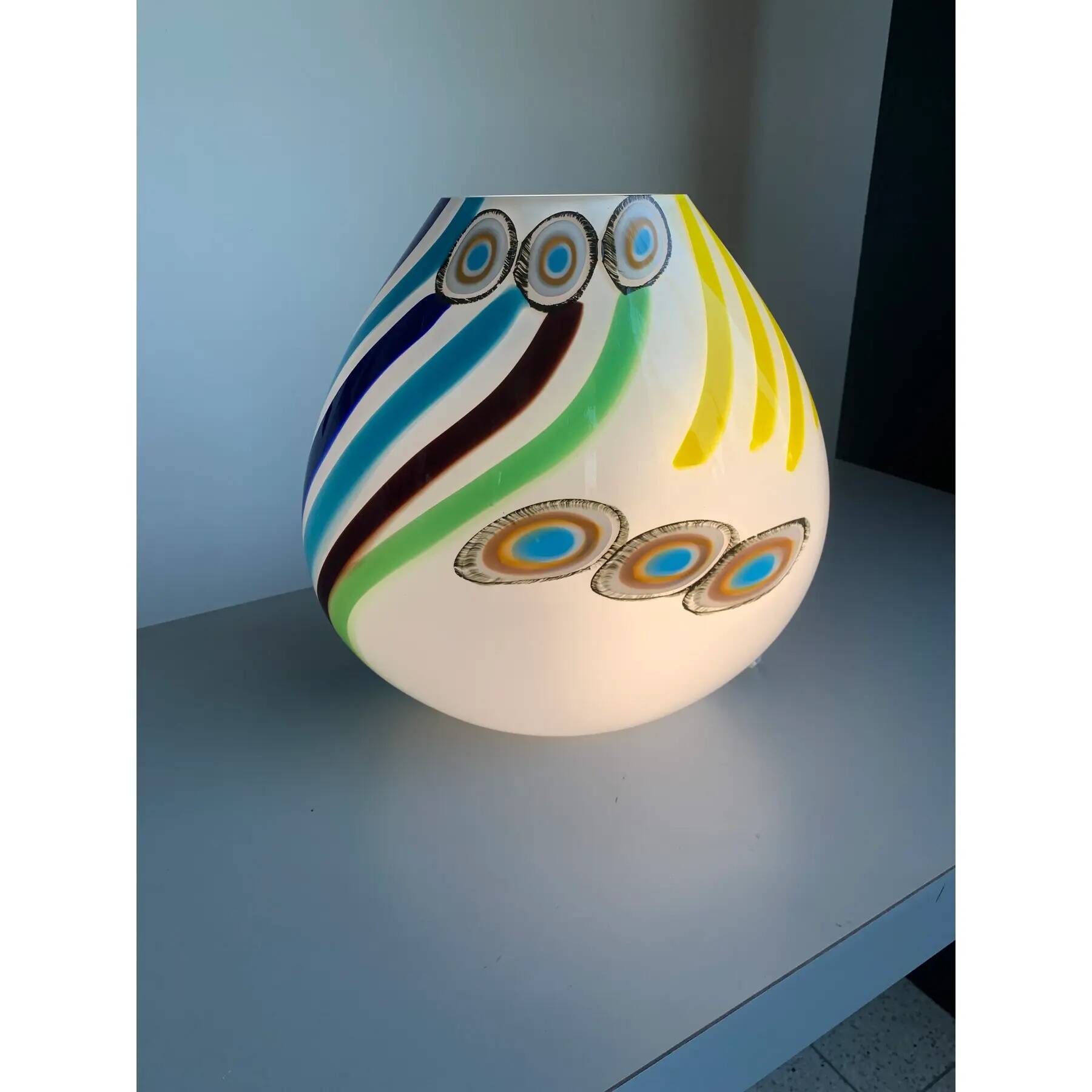 Milky-White Murano Glass Style Table Lamp Featuring a Multicoloured Reeds Vase