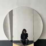 Large round triptych mirror with ivory background and back, 1970s design.