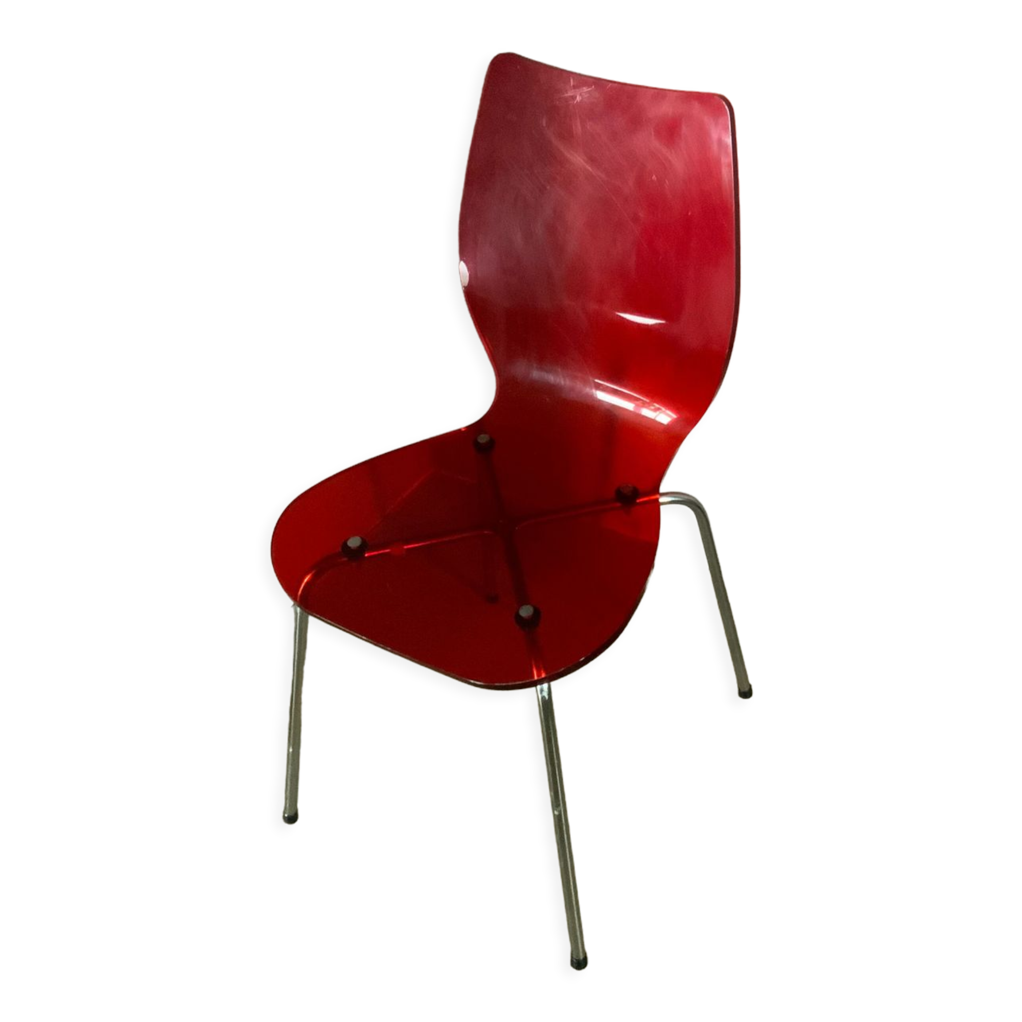 Vintage red acrylic chair, 60s 70s design, chrome metal plexiglass