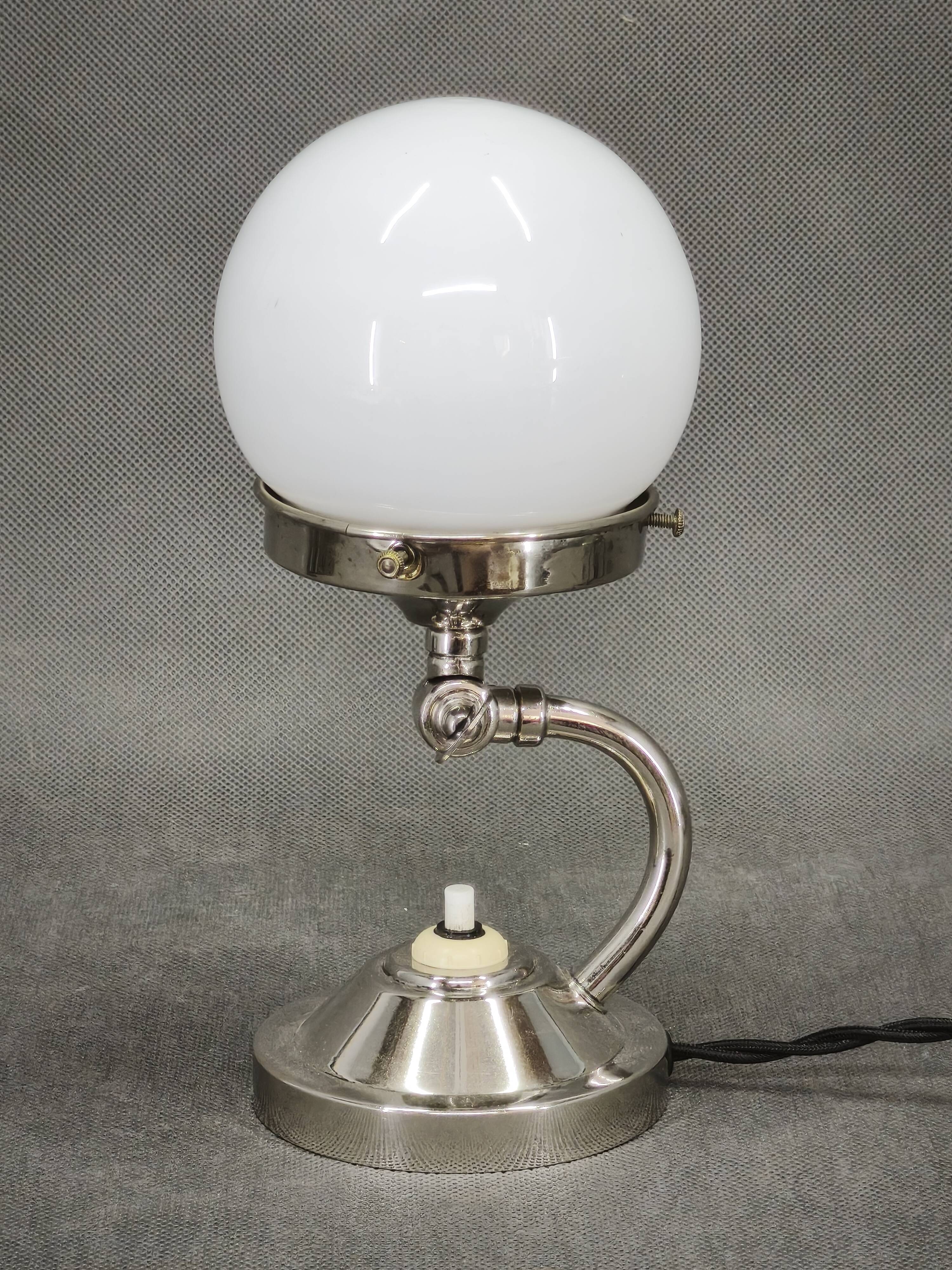 1930s Bauhaus Nickel and Opaline Glass Table Lamp, Czechoslovakia