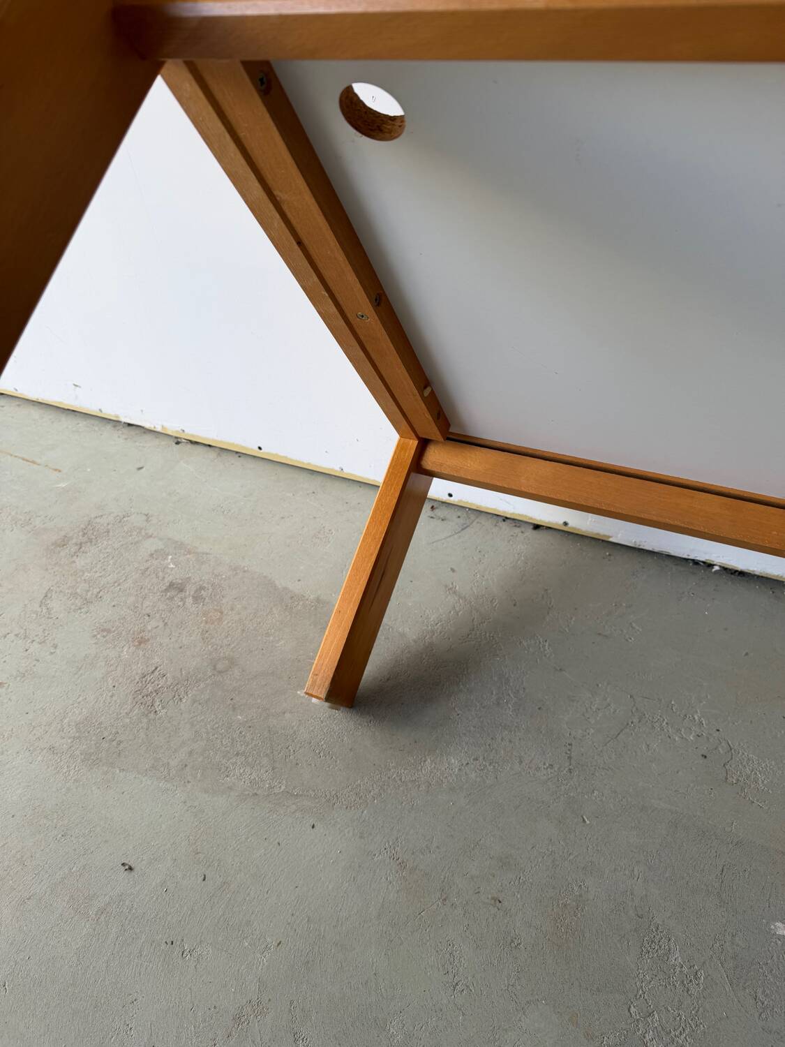 Brutalist design armchair by André Sornay in beech, vintage model.