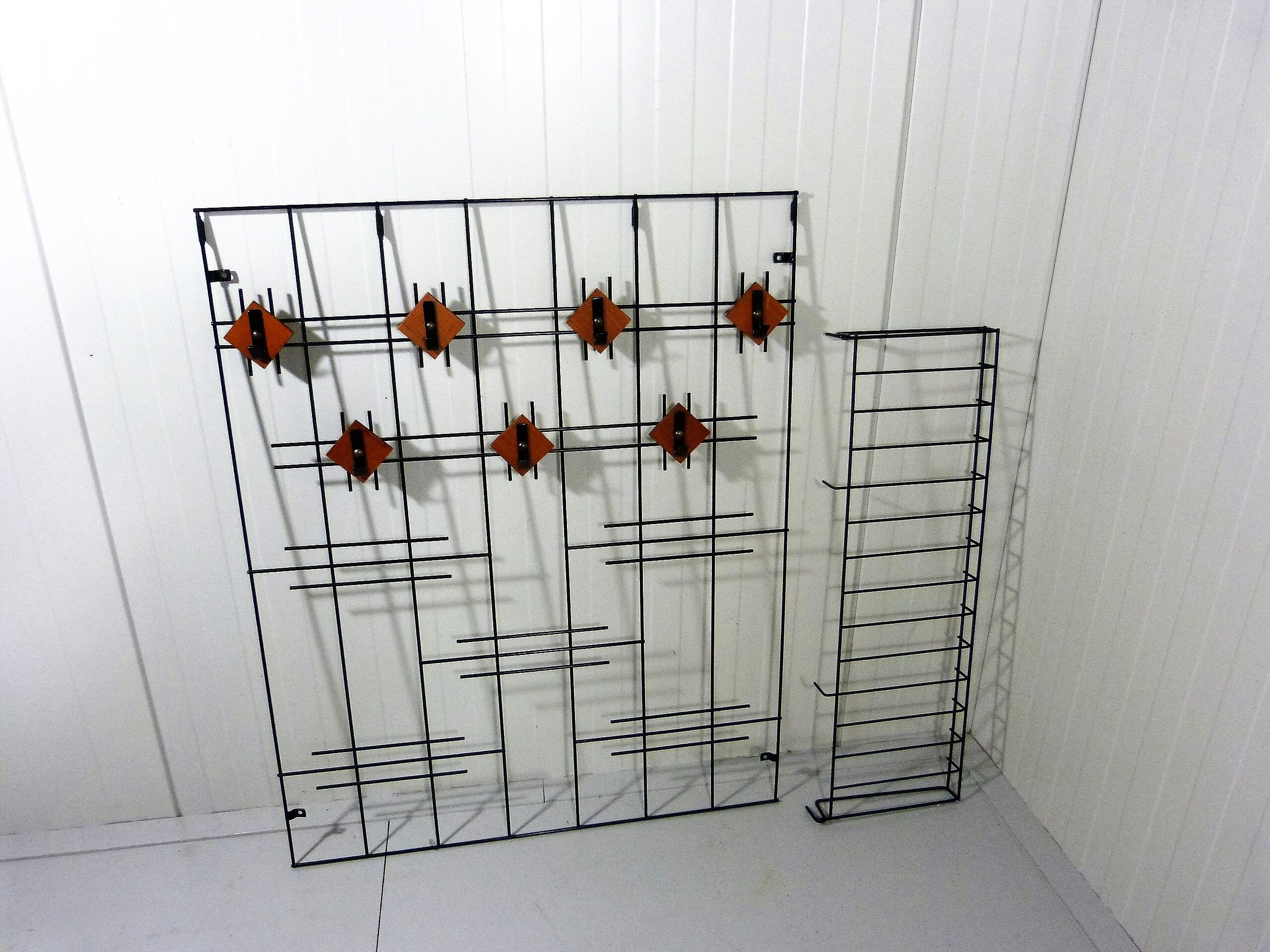 Black wire steel & wooden wall coat rack with hat shelf 1960's