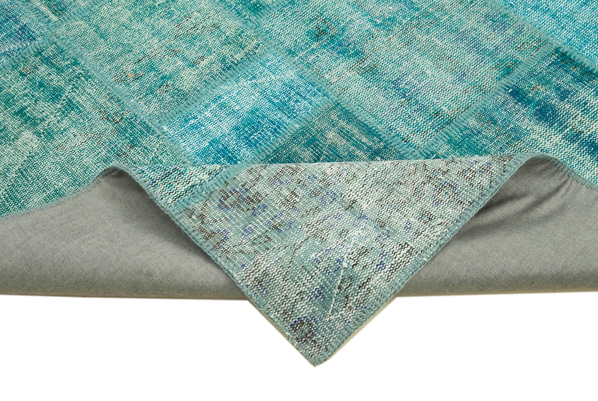 Handmade turkish overdyed 204 cm x 303 cm turquoise patchwork carpet
