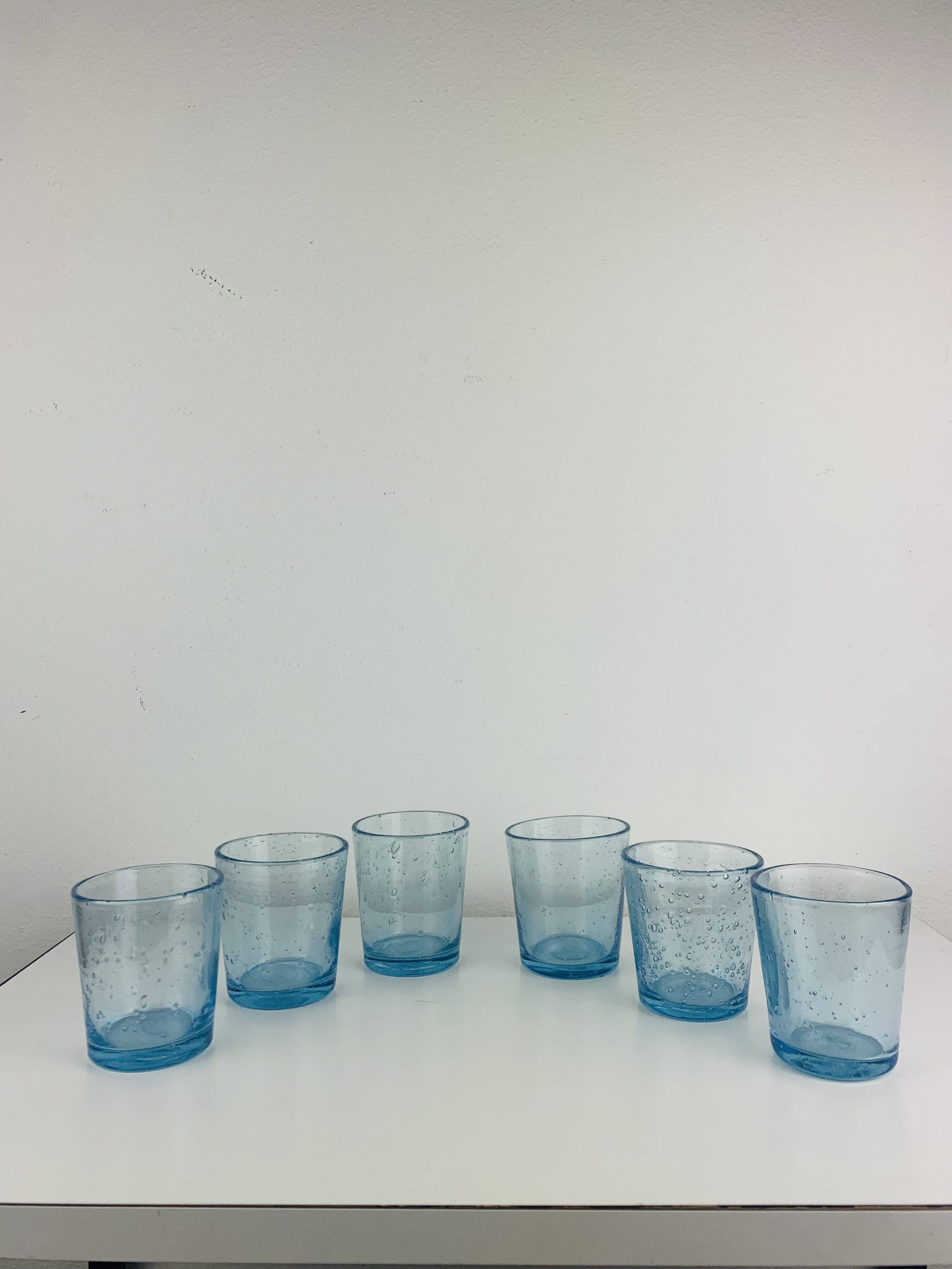 6 vintage blue bubble glass water glasses from Biot.