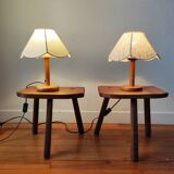 Pair of brutalist tripod stools in solid wood.