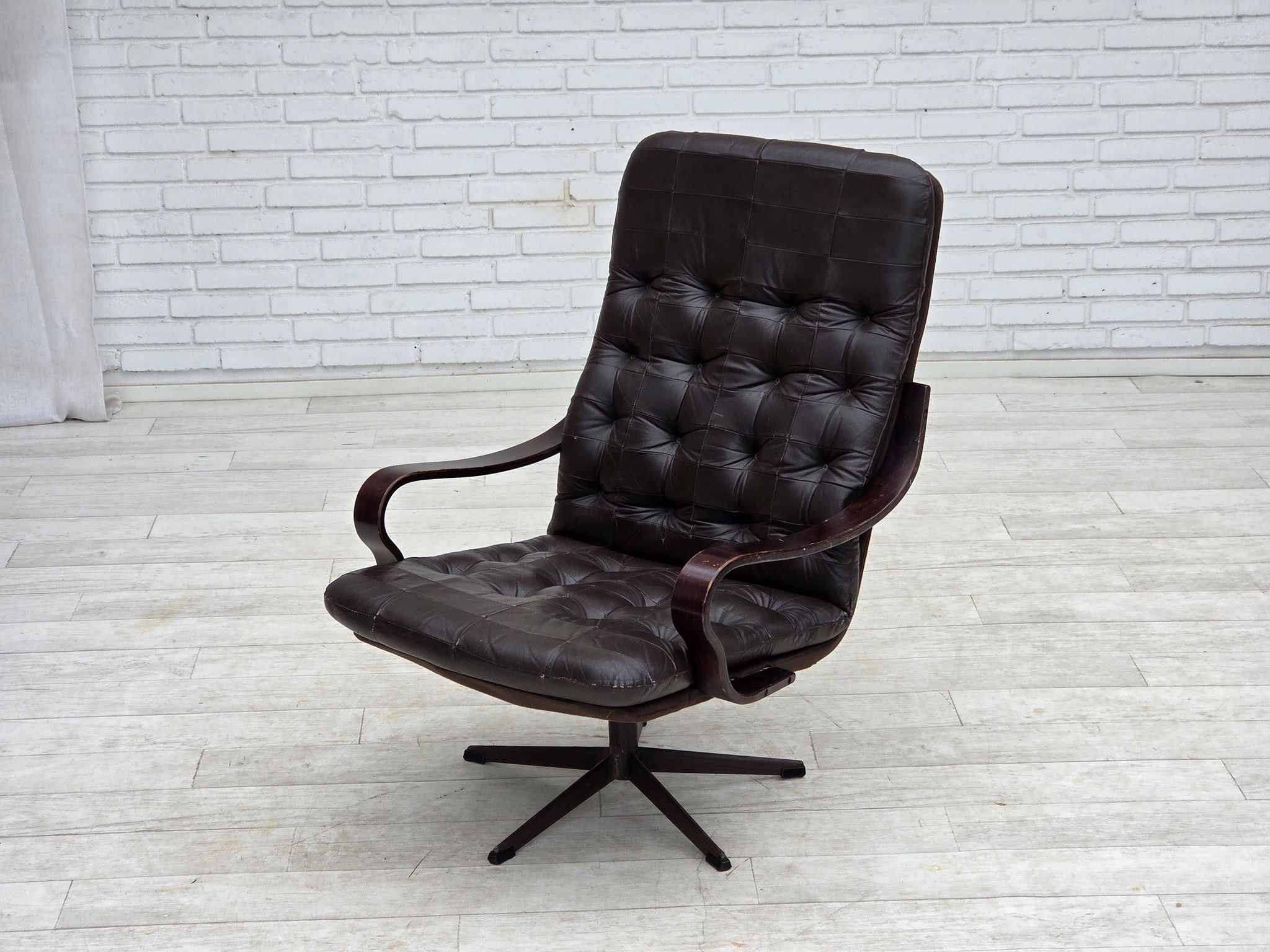 1970s, Scandinavian swivel armchair, original patchwork furniture leather.