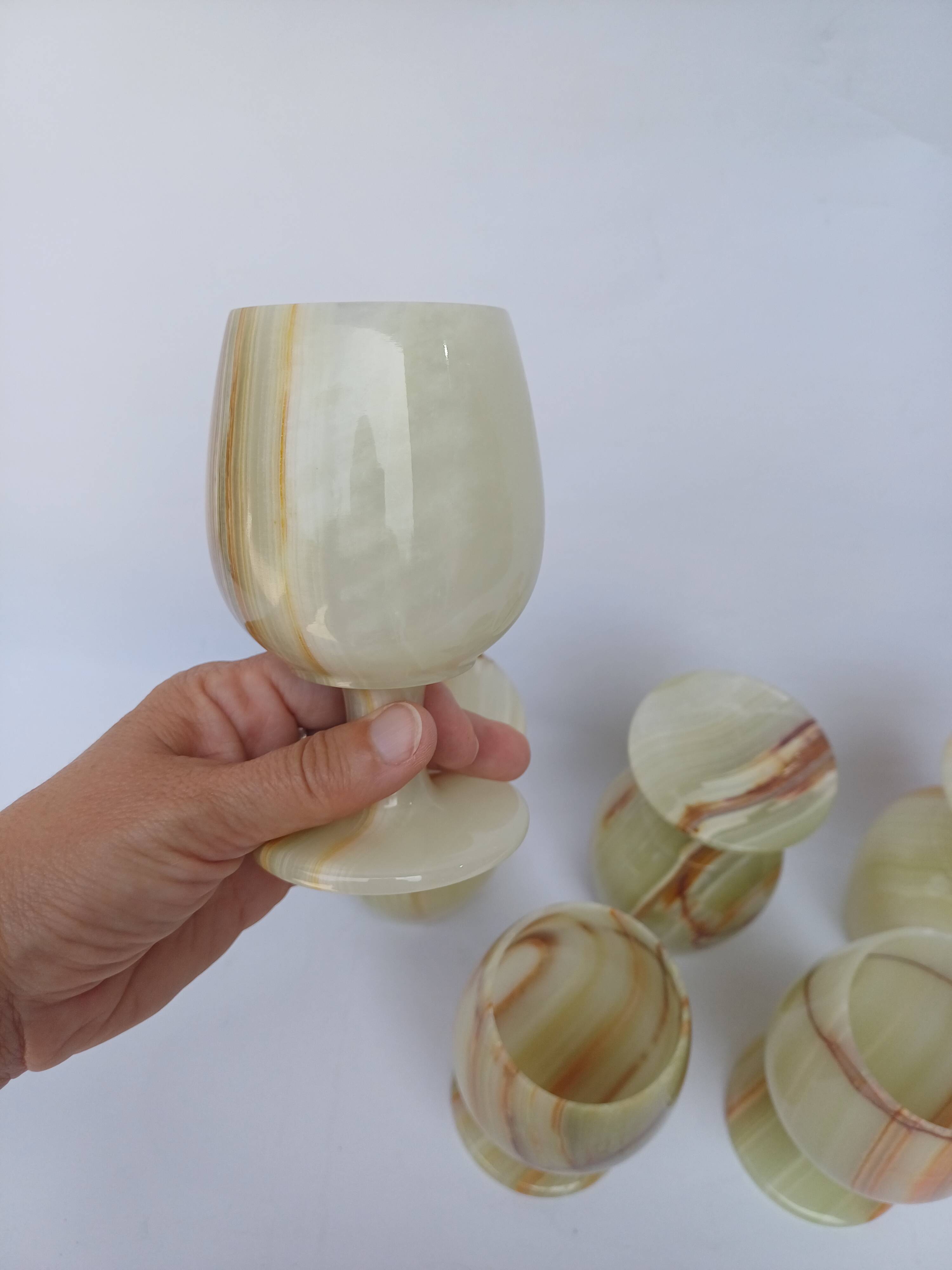 set of 6 green alabaster stone wine goblet stemmed glasses