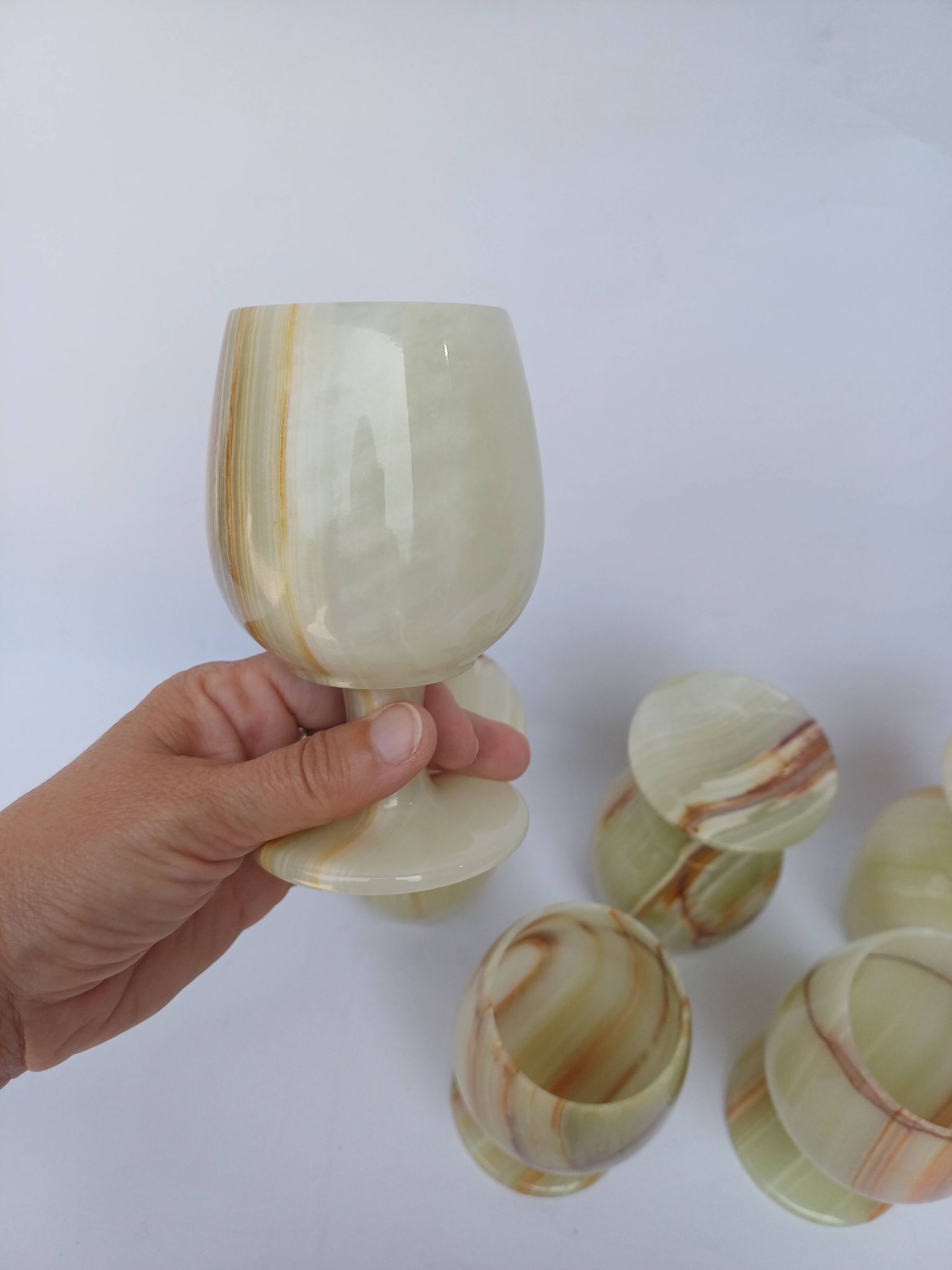lot 6 verres à pied vin gobelet en pierre albâtre verte