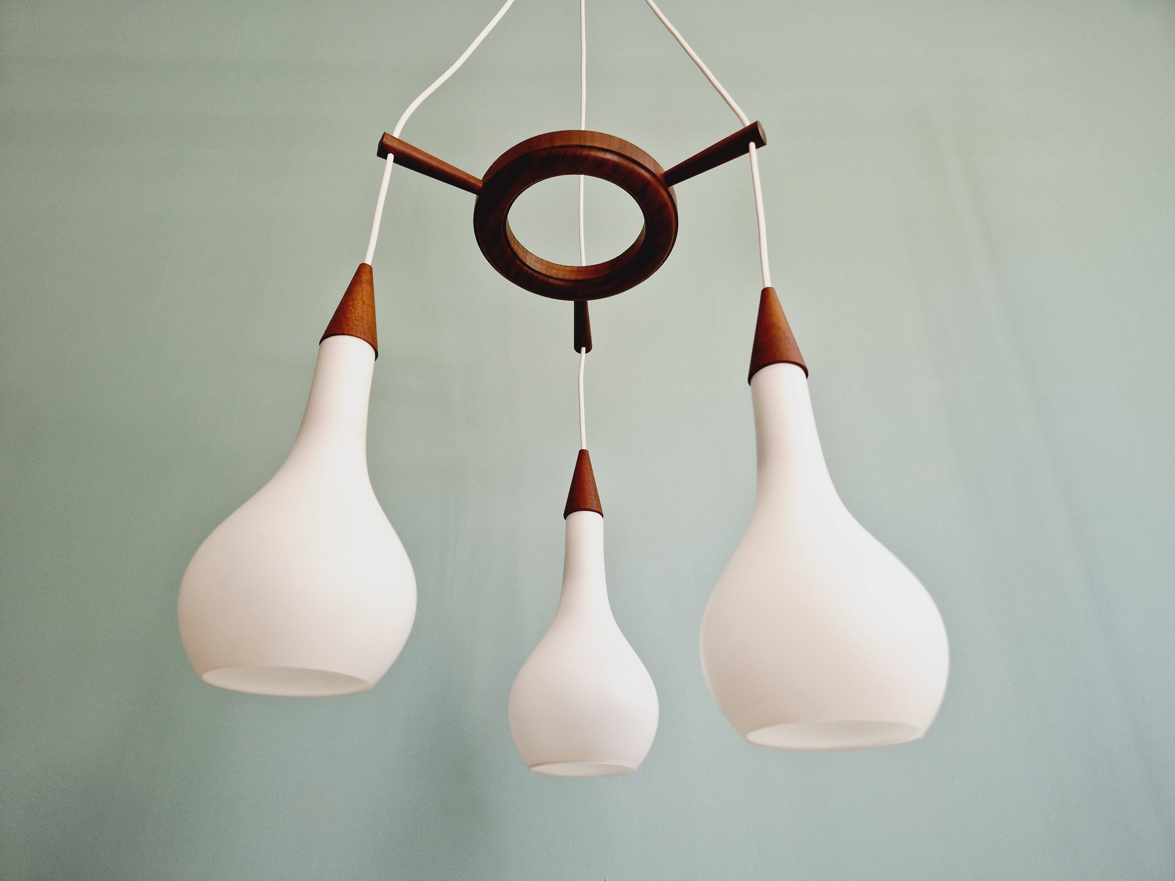 Scandinavian lustre cascade in teak and frosted white glass, 1960s