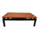 Vintage black lacquered coffee table with elm burl wood top and marquetry