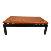 Vintage black lacquered coffee table with elm burl wood top and marquetry