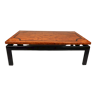 Table basse vintage laquée noire et plateau en bois de loupe d'orme et marqueterie