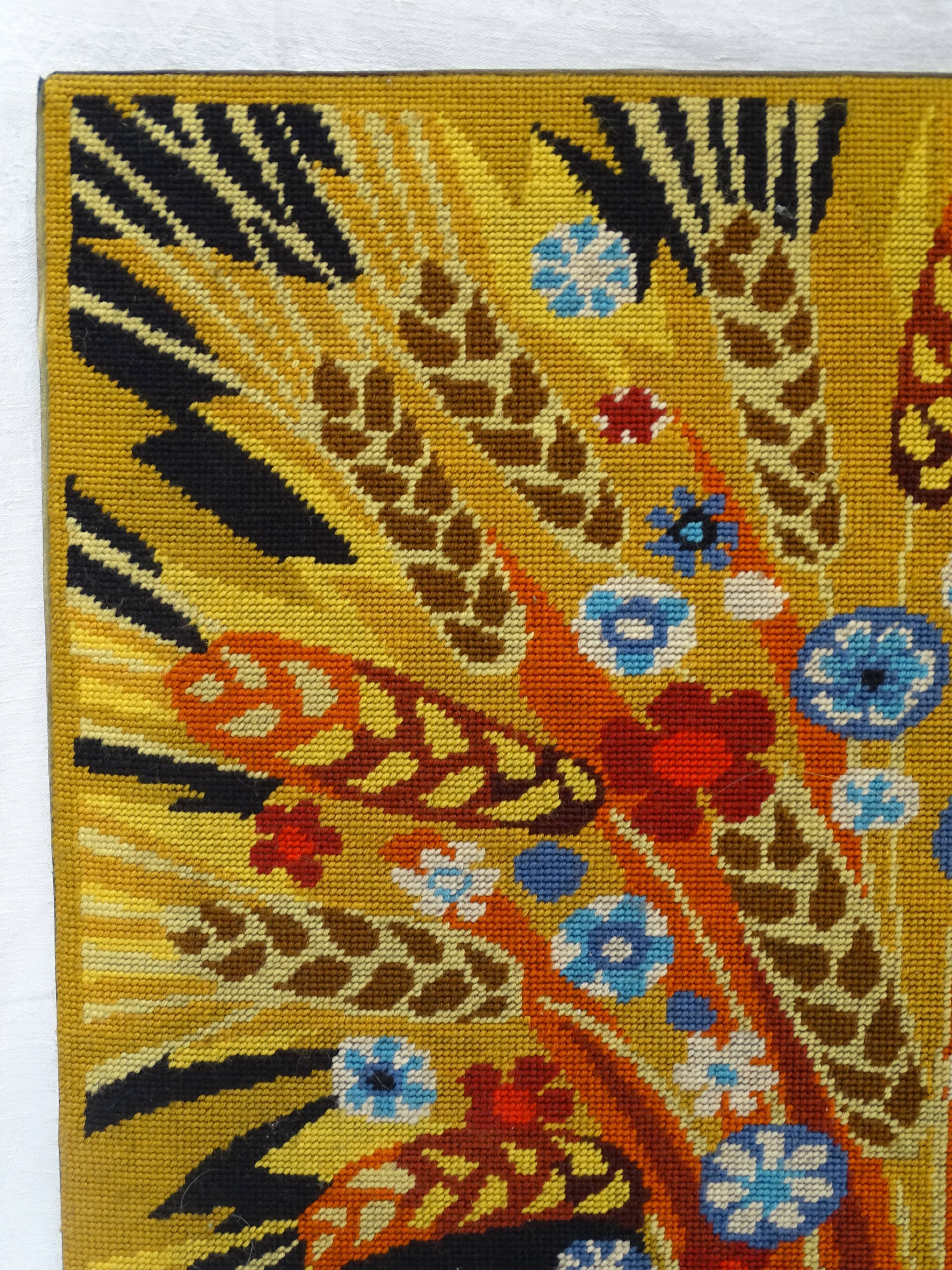 Wall tapestry "the rooster under the bouquet of wheat" signed Rey, circa 1970