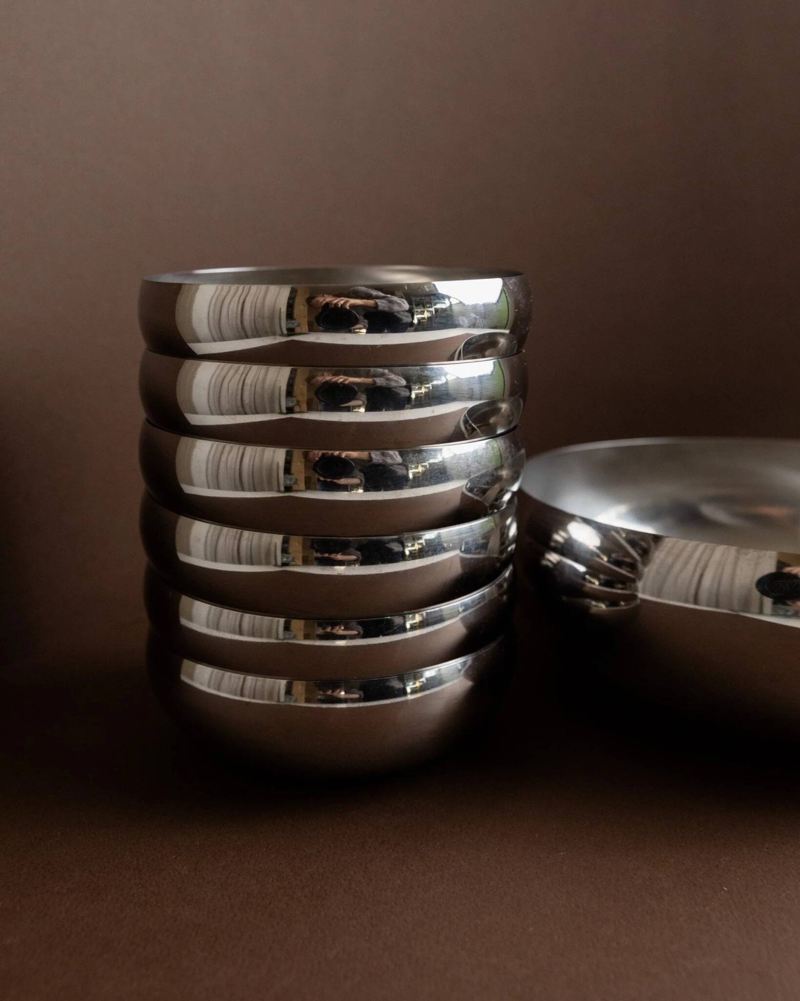 Set of 7 silver stainless steel bowls Space Age vintage Italian design stackable and elegant