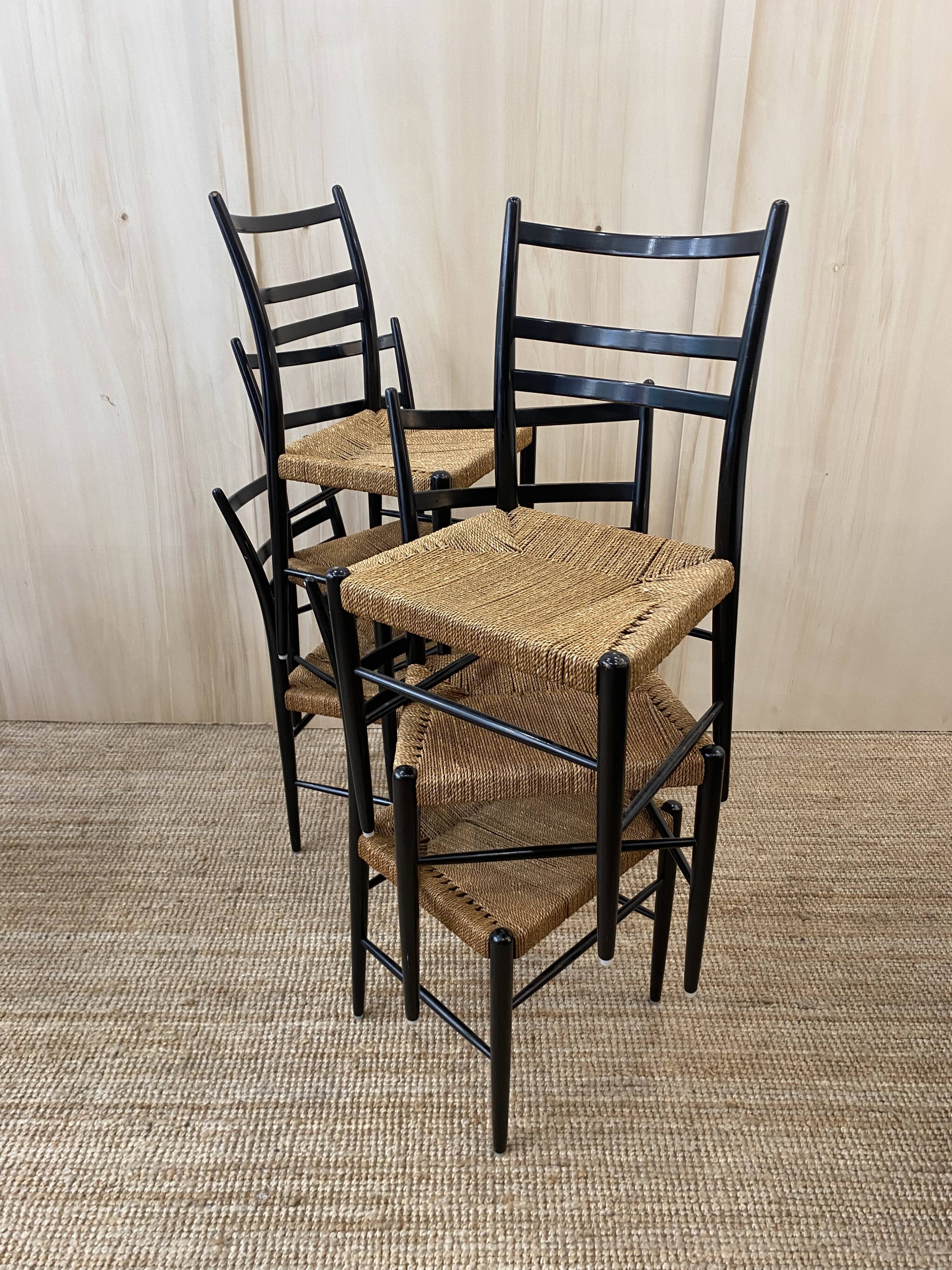 Série de 6 chaises en bois & cordes - italie 1960
