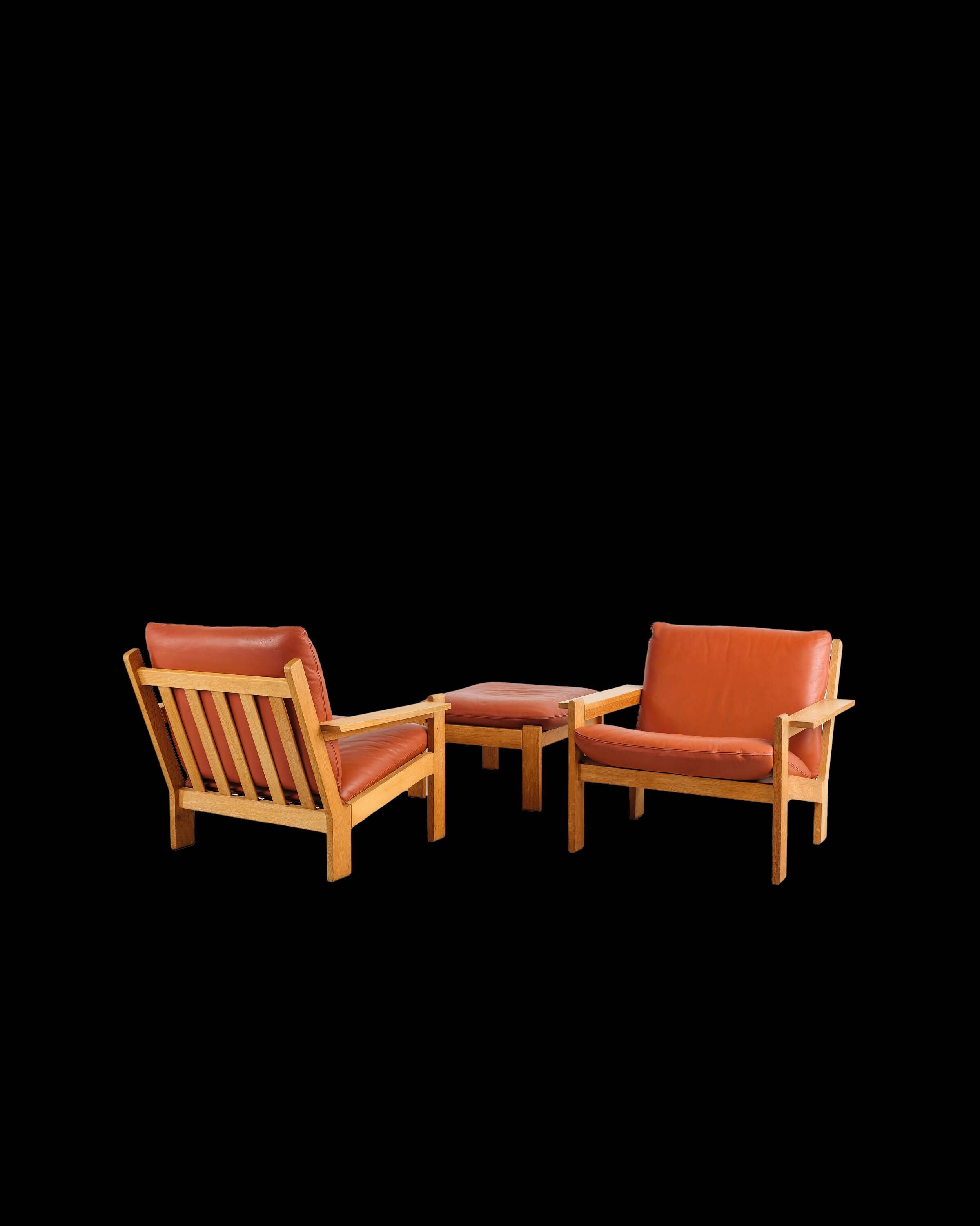 Pair of armchairs and ottoman by Tage Poulsen, Denmark, 1970s