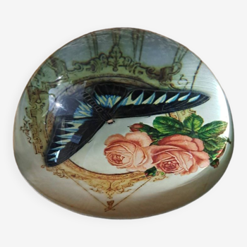Vintage glass paperweight with butterfly and roses motif