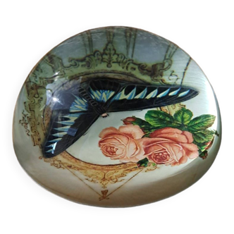 Vintage glass paperweight with butterfly and roses motif