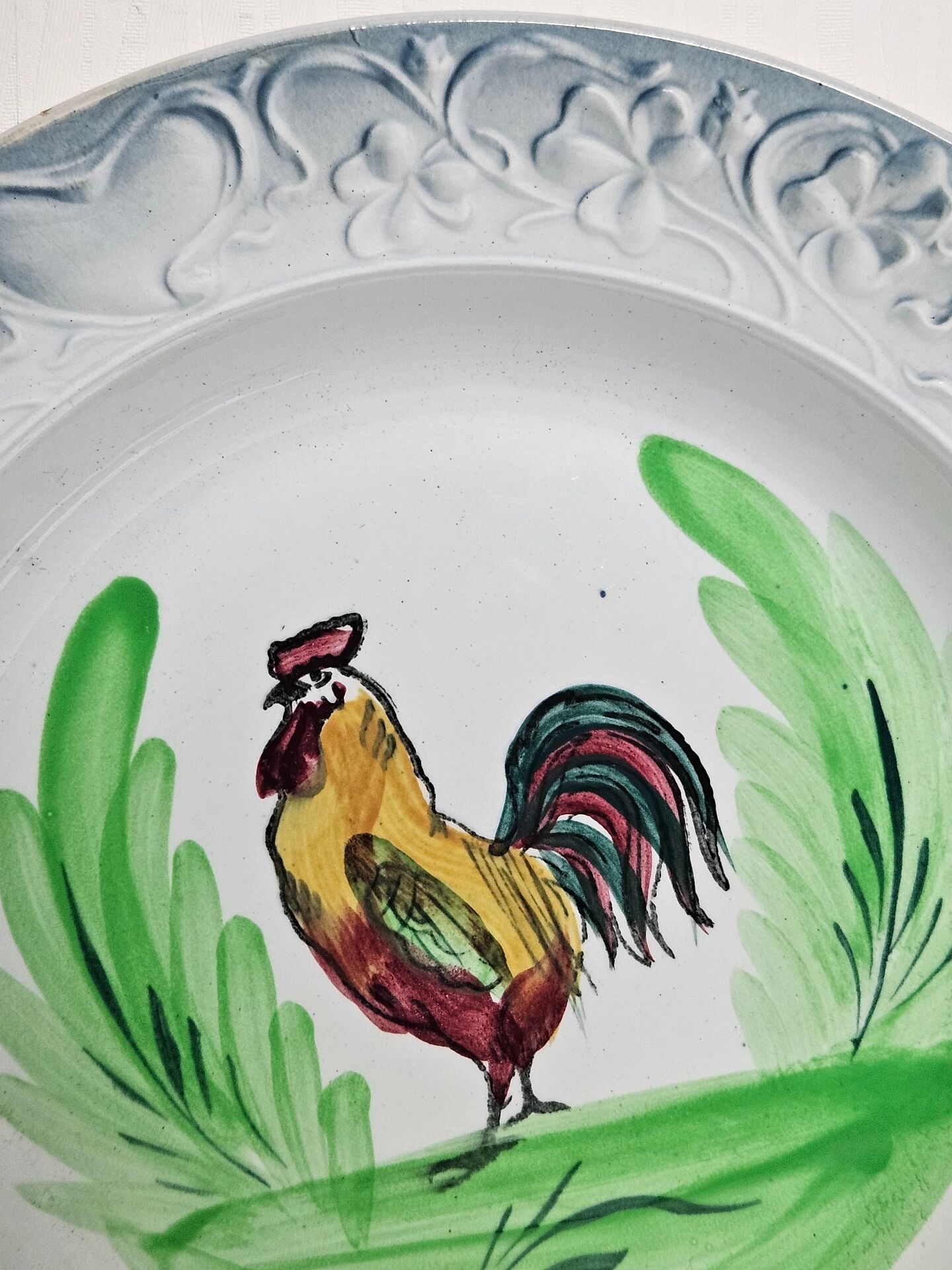 Pair of decorative deep plates with rooster design, St Amand vintage