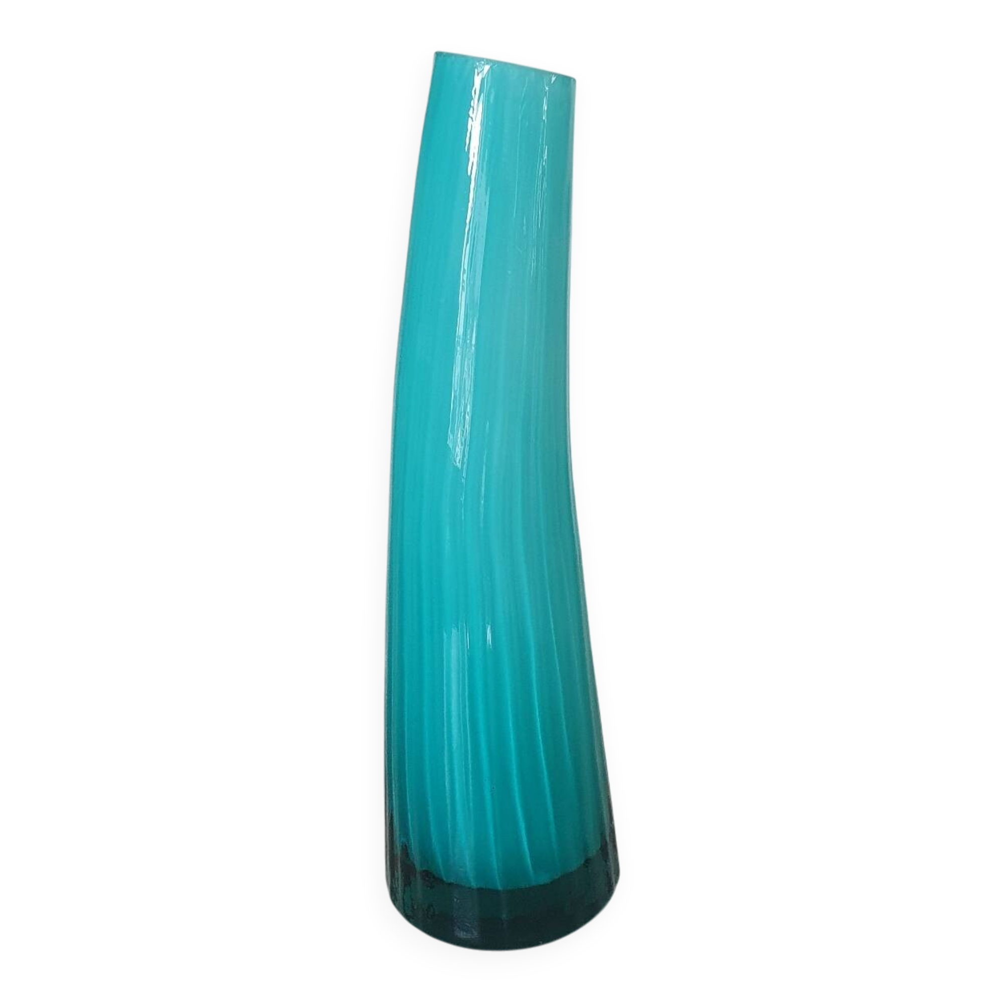 Curved turquoise blue blown glass soliflore vase
