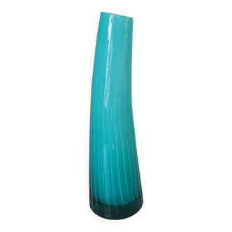 Curved turquoise blue blown glass soliflore vase