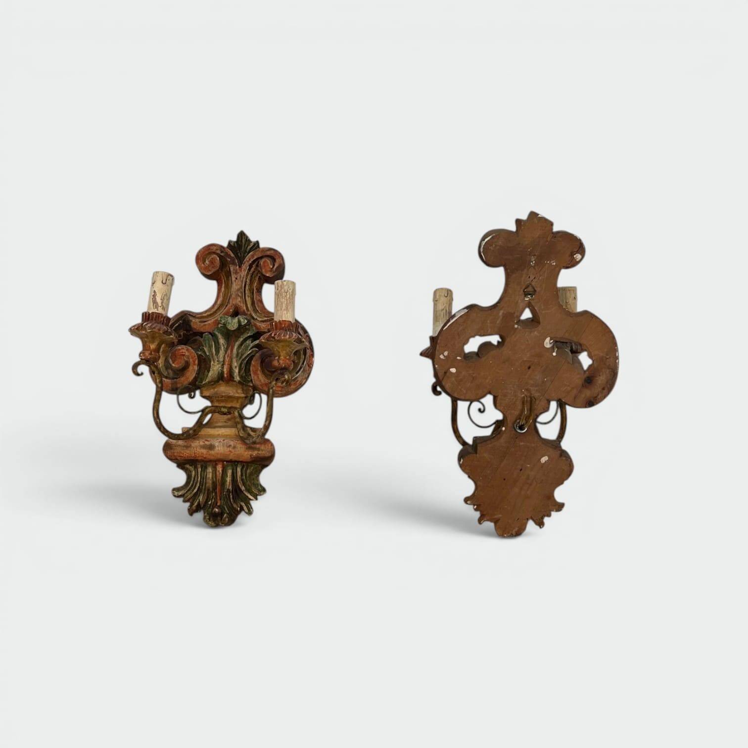Pair of Polychrome Carved Wood Wall Lights with Vase and Acanthus. Arm in Iron.