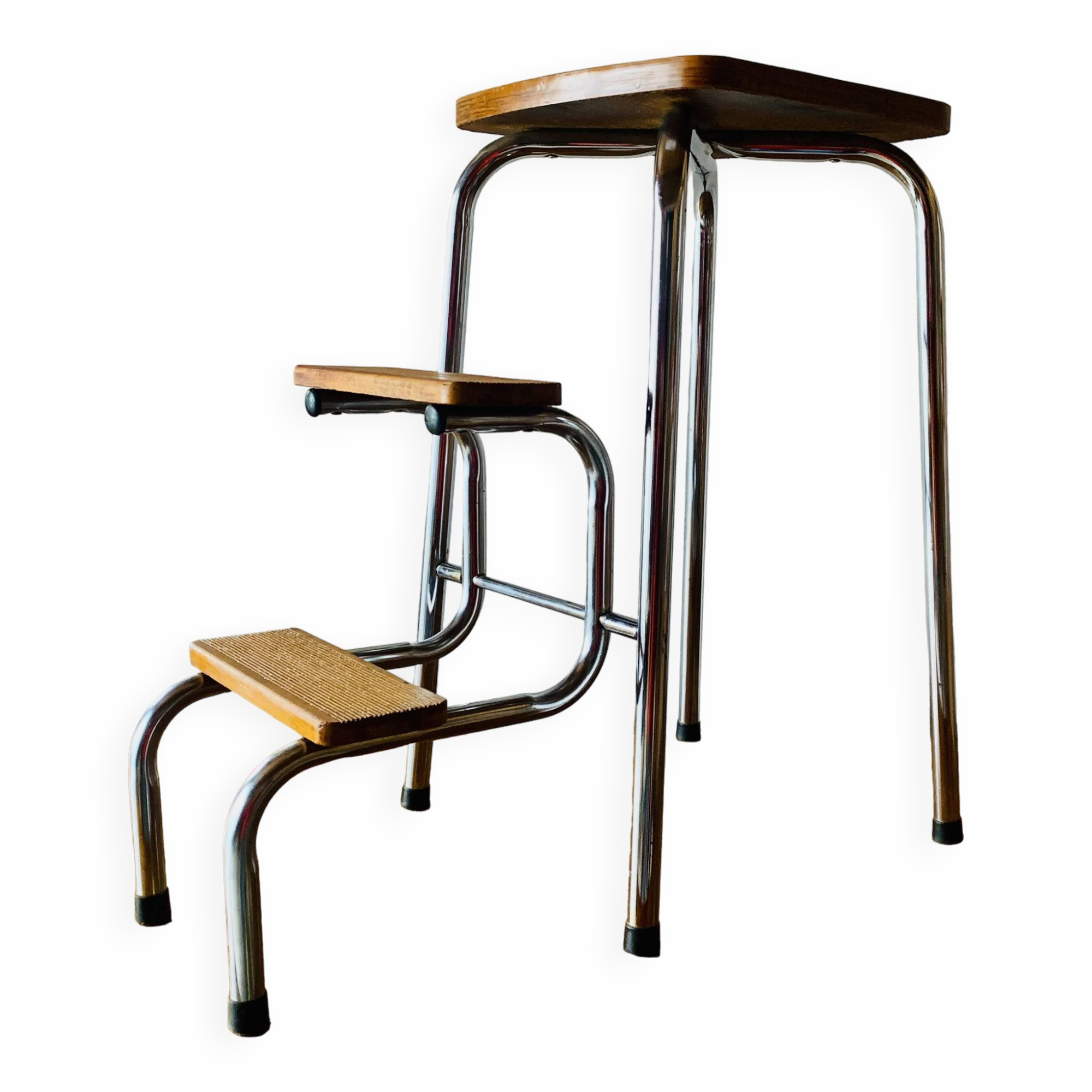 Vintage step stool in brown formica and chrome steel
