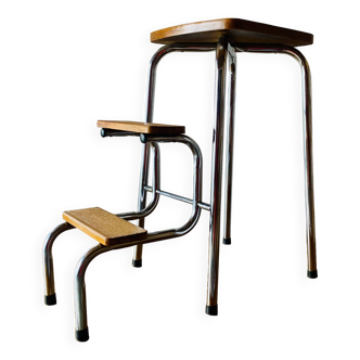 Vintage step stool in brown formica and chrome steel