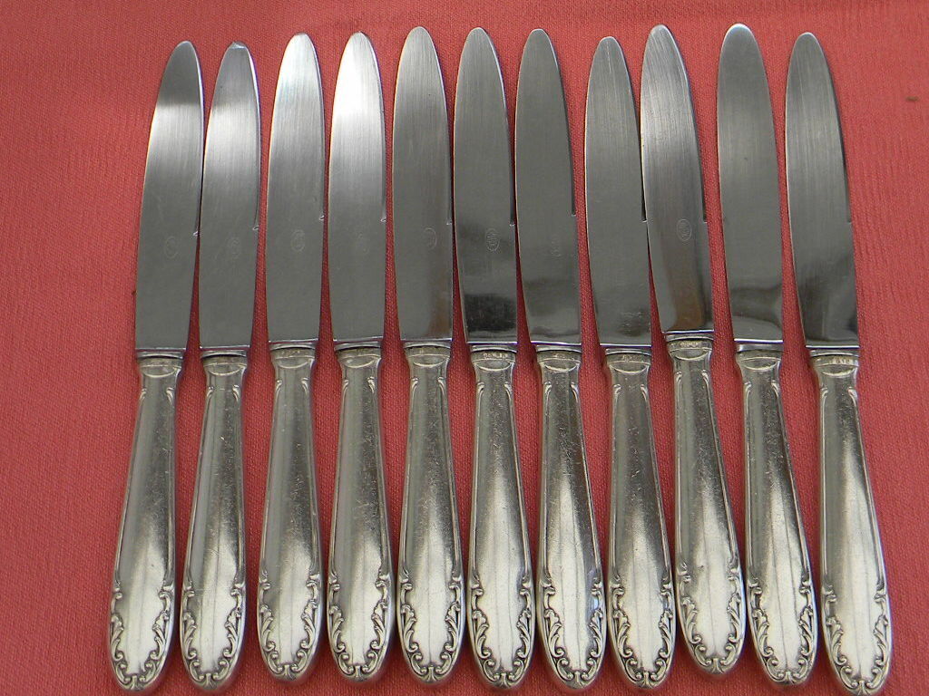 Set of 11 knives handle silver metal stainless steel blade