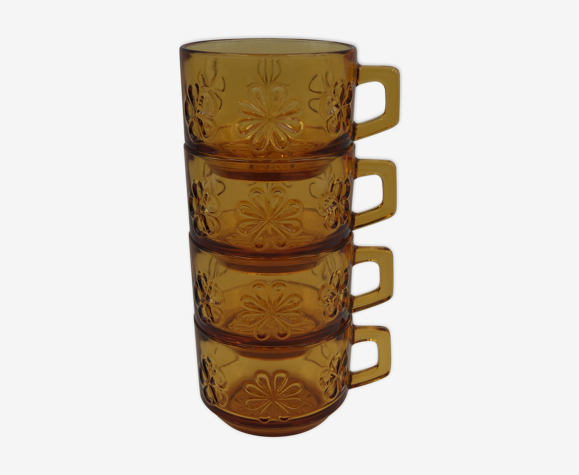 Série 4 tasses verre ambré vintage
