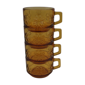 Série 4 tasses verre ambré vintage