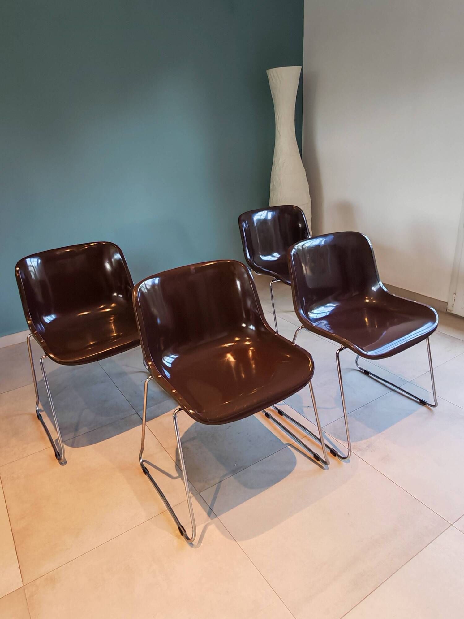 4 Vintage Space Age Chocolate Brown & Chrome Chairs 1970