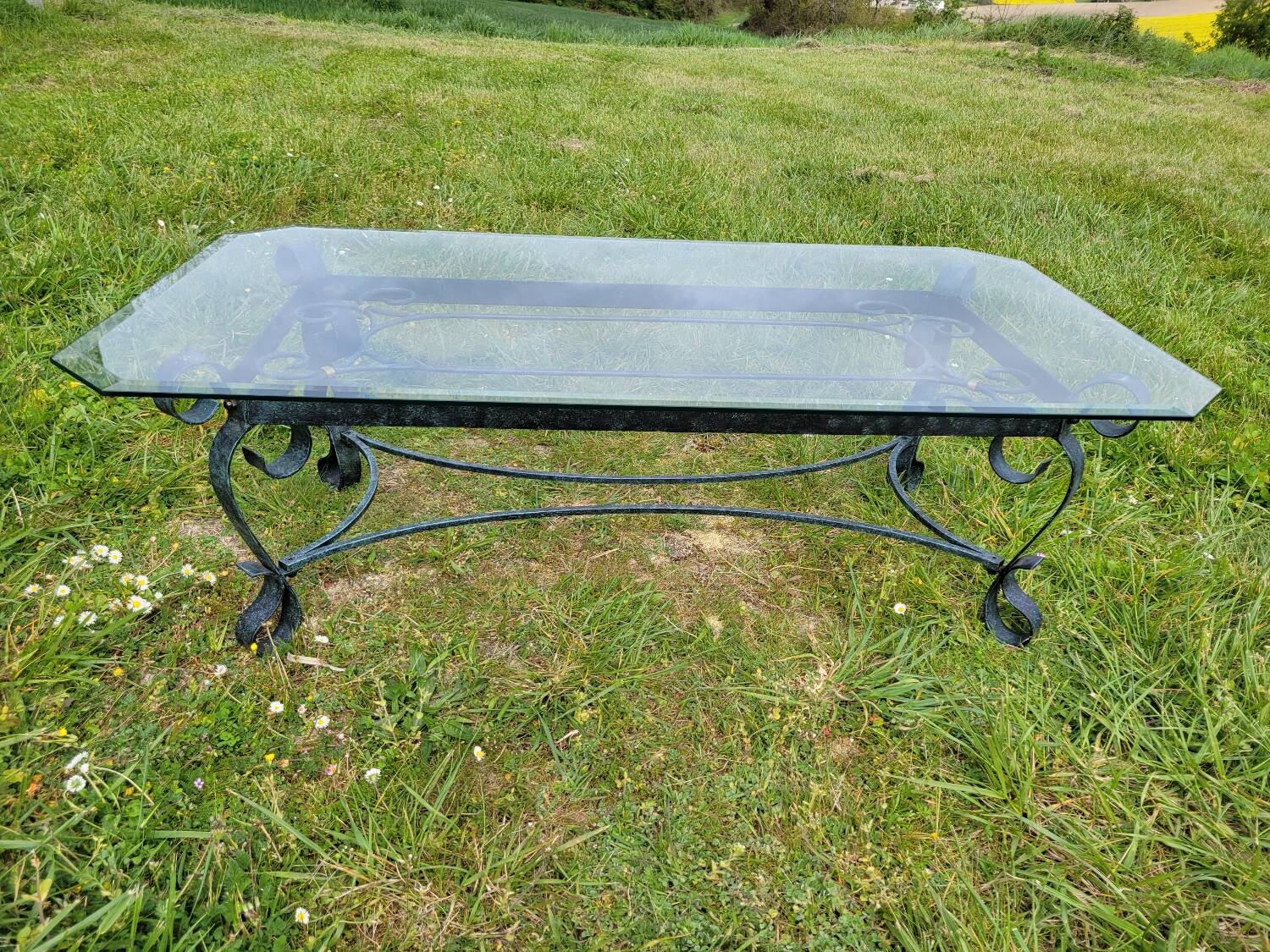Italian glass and wrought iron coffee table
