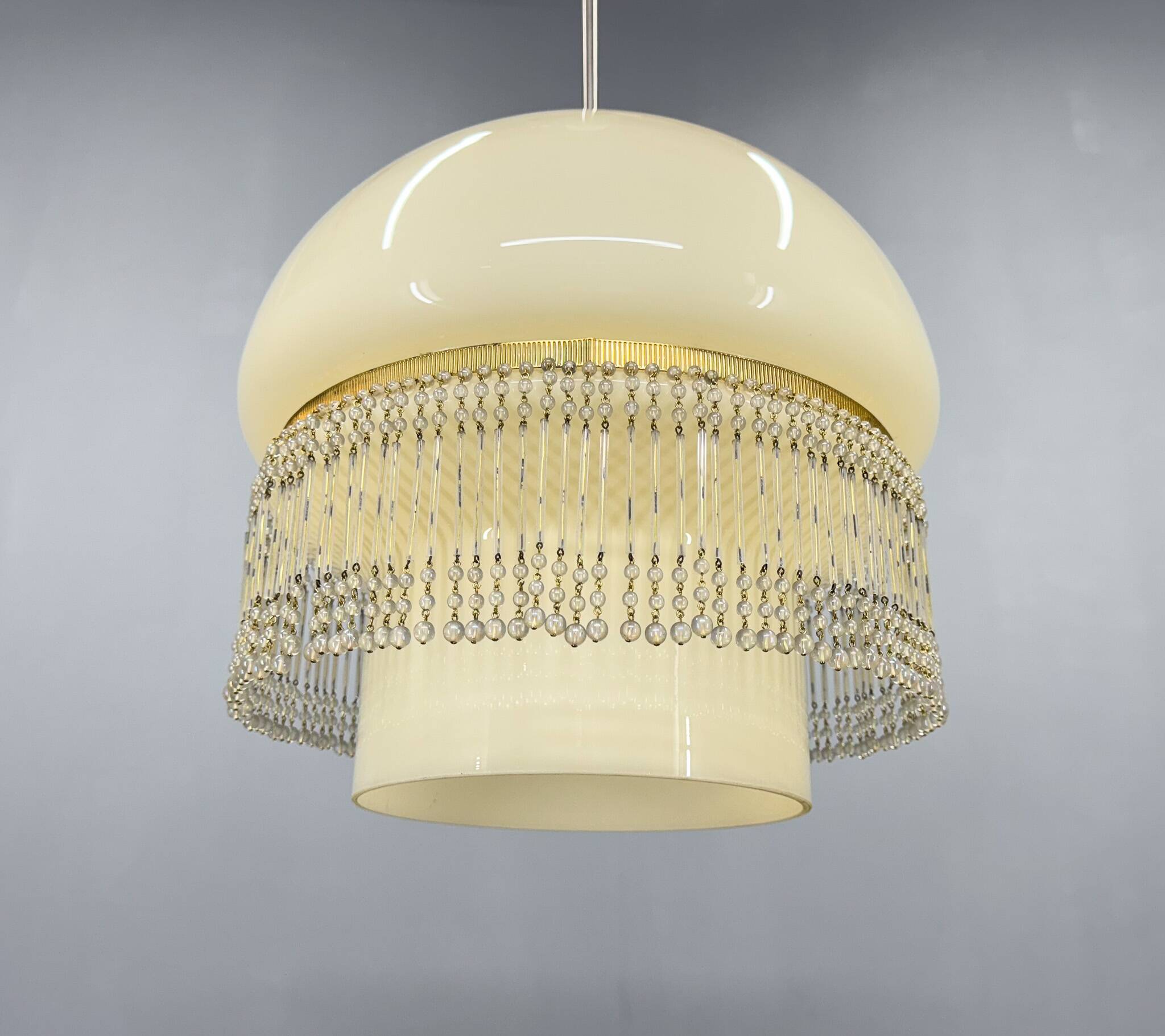 Mid-Century Opaline Glass Pendant Light with Brass Detail & Beads