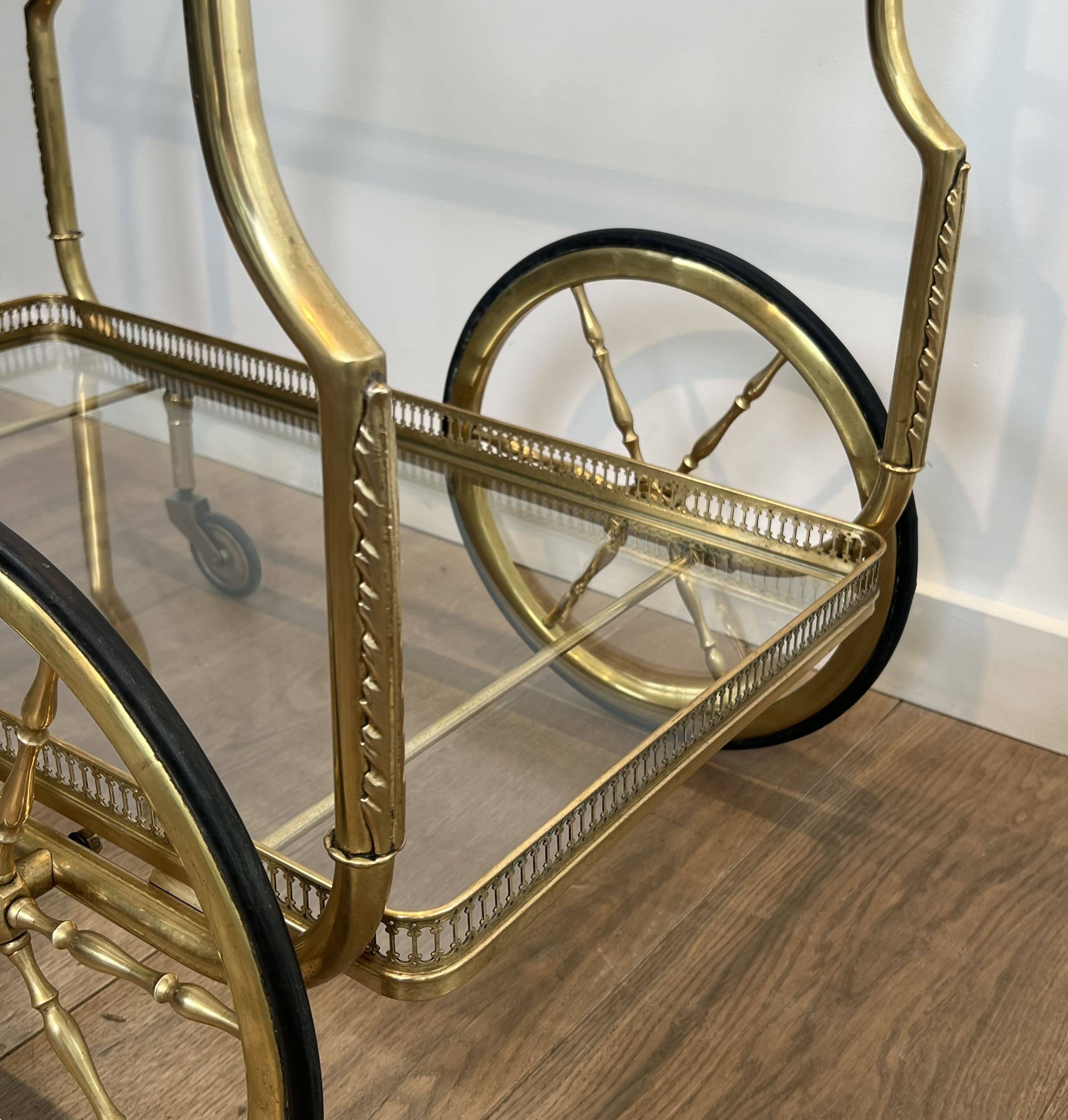 Rolling Table with Large Brass and Glass Wheels, Maison Jansen, Circa 1940