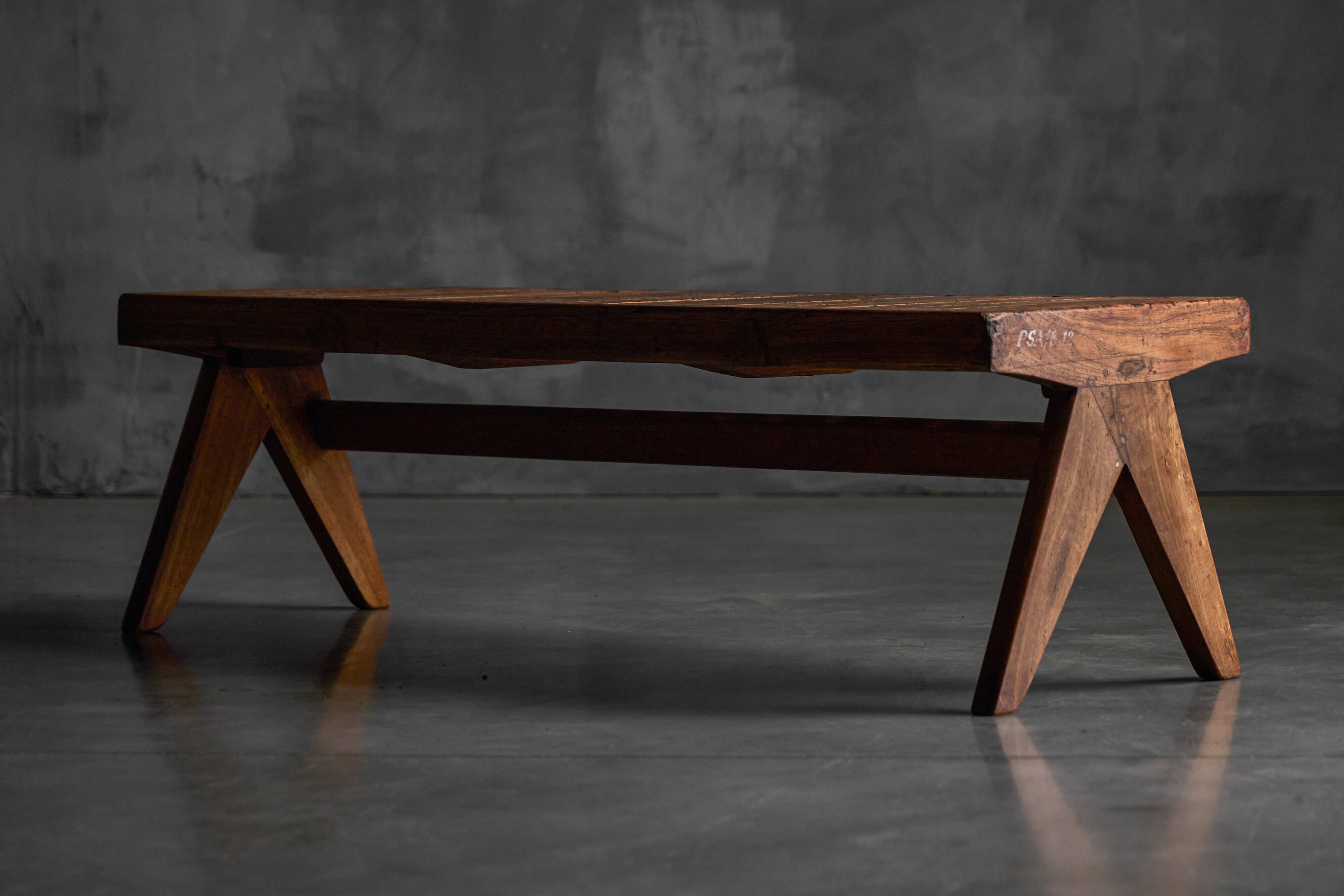 Solid Teak Slatted Bench by Pierre Jeanneret, India, 1950s