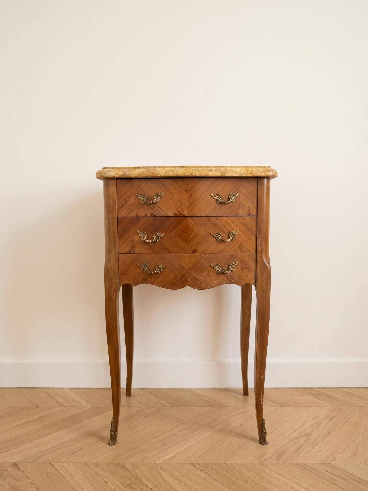 Pair of Louis XV bedside tables with marble and marquetry.