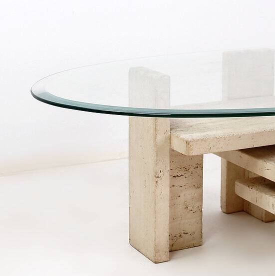 Glass and Travertine Coffee Table, Willy Ballez, 1970s