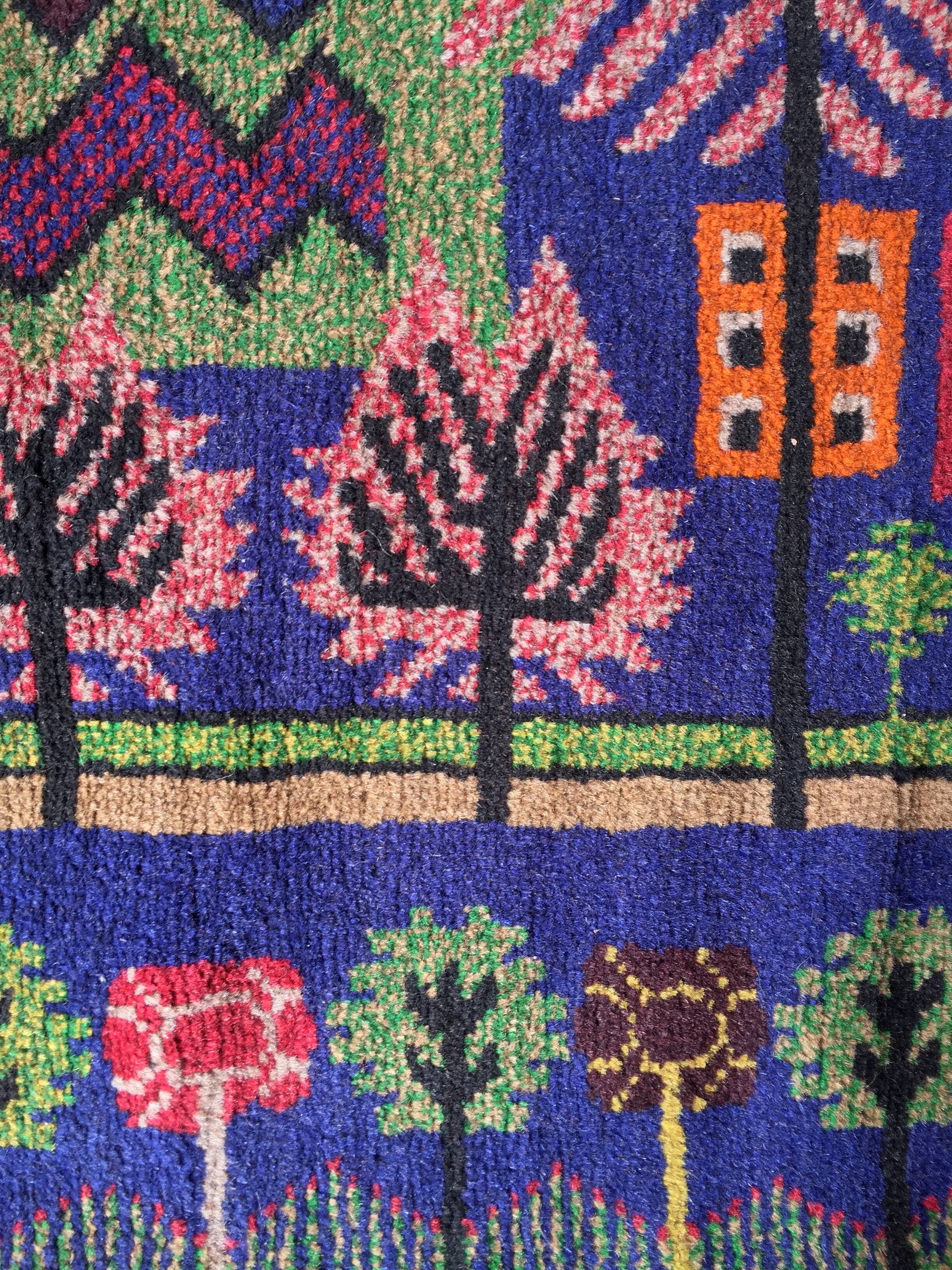 Afghan carpet 80s MOTIF VILLAGE IN PRINTEMPS 85x148cm