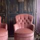 Pair of small vintage upholstered toadstool armchairs in old rose velvet – 1960s