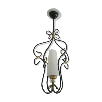 Chandelier cage - Wrought iron - white opaline diffuser - 50s